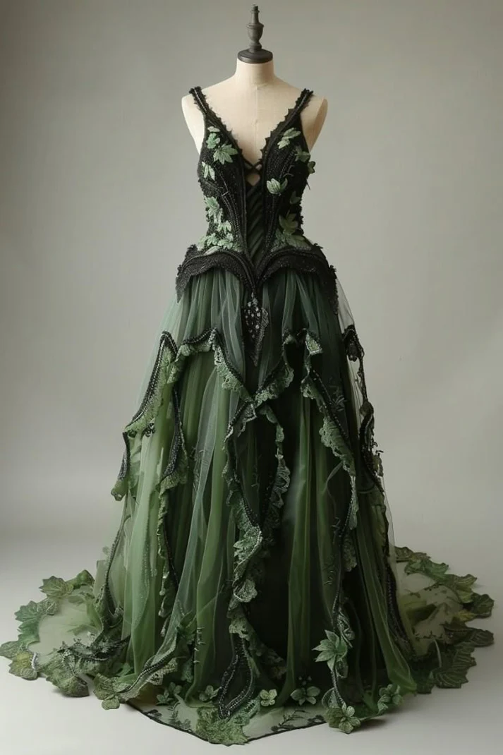 V-neck Tulle Applique Long Prom Dress Vintage Lace Formal Evening Dress  fg8545