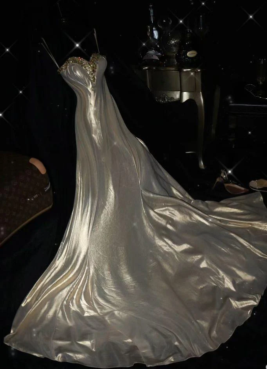 A Line Spaghetti Straps Satin Beaded Long Prom Dress,Formal Evening Dress   fg8494