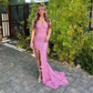 Pink Sequins Lace Feathers Mermaid Evening Dress Slit Prom Dress fg8566