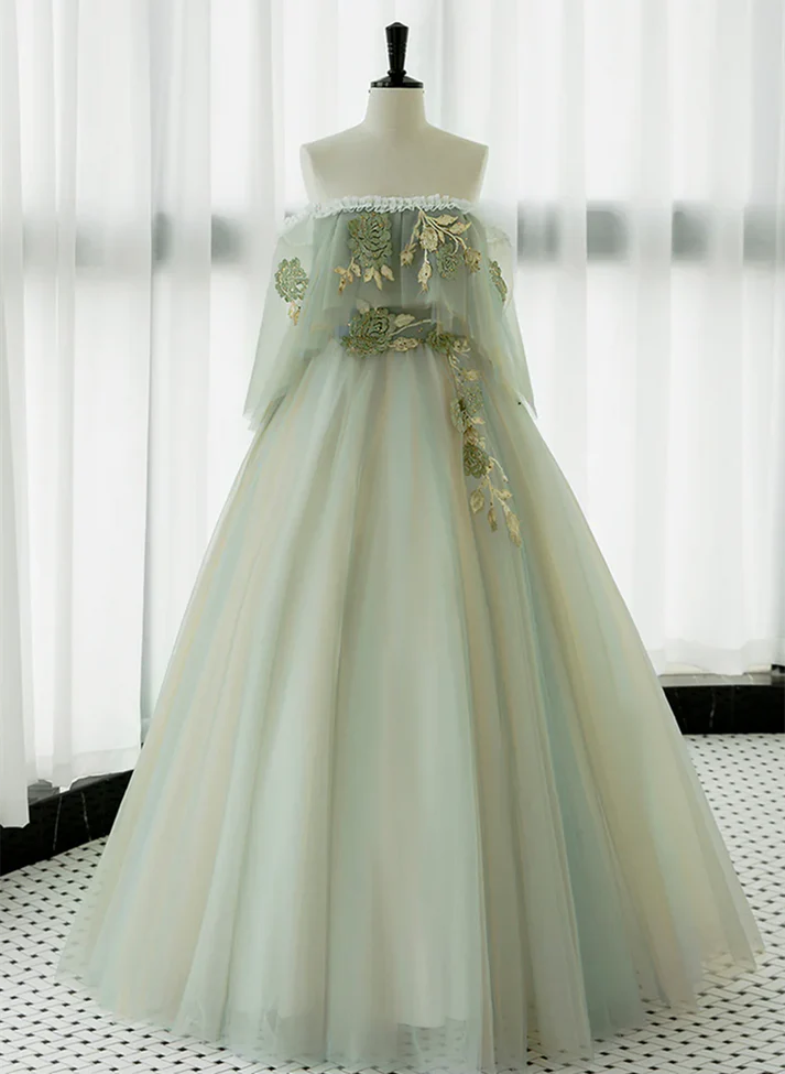 Light Green Strapless A-line Tulle Prom Dress,Unique Evening Dresses  fg8574