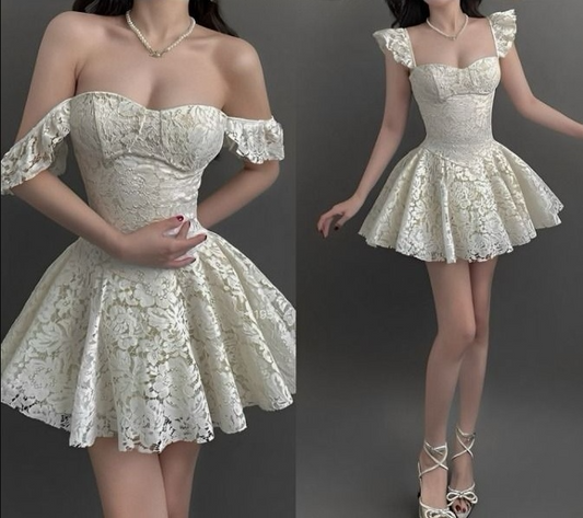 A Line White Lace Off Shoulder Short Evening Dress Cocktail Dresses Short Party Dress   fg7881