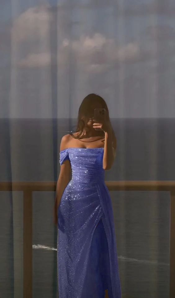 Off Shoulder White Sequin Side Slit Long Evening Prom Dresses, Sequin Wedding Dresses      fg4934