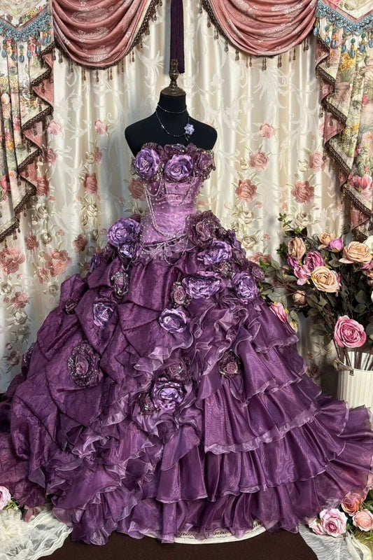 Vintage Purple Ball Gown Strapless Floral Beaded Layered Organza Prom Dress 18th Birthday Dress  fg8523
