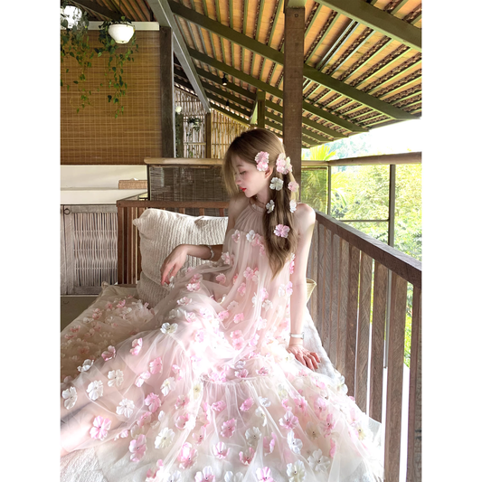 3D floral halter neck princess maxi dress A56