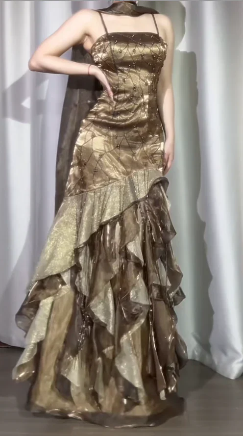 Gorgeous Sheath Long Prom Dress Spaghetti Straps Birthday Dress Beaded Satin Formal Dresses  fg8531