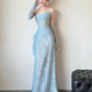 Blue Lace Mermaid Long Prom Dress Sexy Evening Dresses With Side Split   fg7665