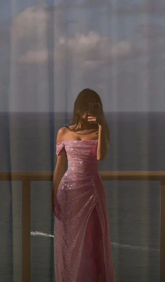 Off Shoulder White Sequin Side Slit Long Evening Prom Dresses, Sequin Wedding Dresses      fg4934