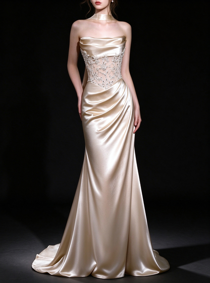 Champagne Strapless Cowl Neck Satin Mermaid Evening Gown With Beaded Bodice fg9141