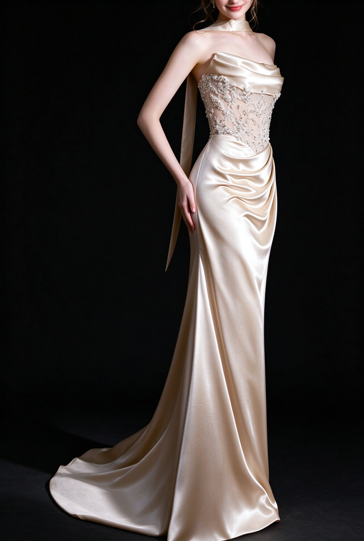 Champagne Strapless Cowl Neck Satin Mermaid Evening Gown With Beaded Bodice fg9141