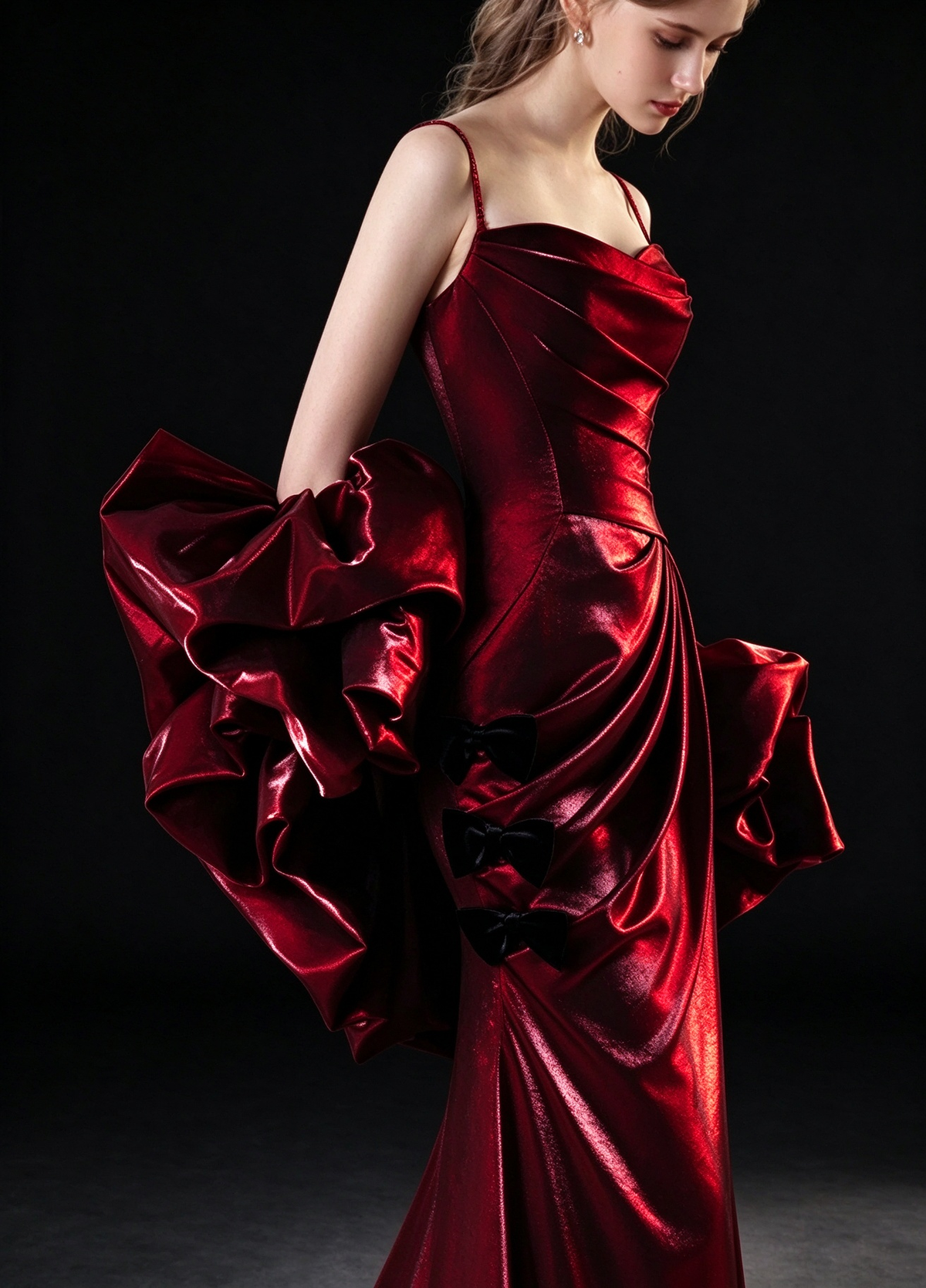 Burgundy Spaghetti Strap Mermaid Evening Gown With Puff Sleeves & Black Bows fg9142