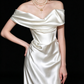 White Off Shoulder Satin Mermaid Wedding Dress fg9143