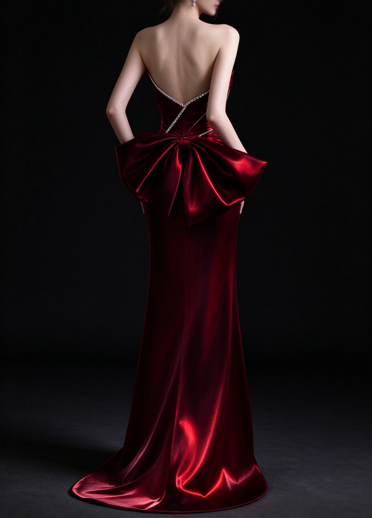 Burgundy Strapless Satin Mermaid Evening Dress With Rhinestone And Big Bow fg9144