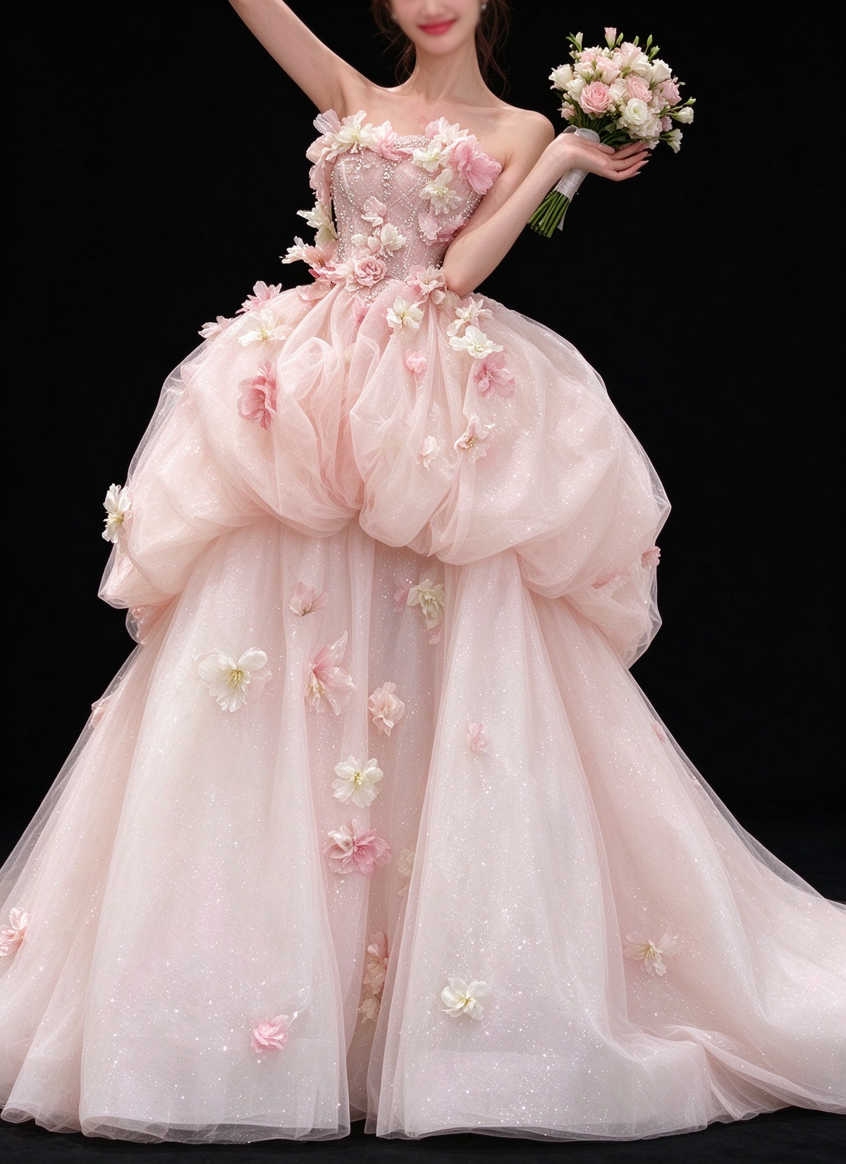 Pink Strapless 3D Floral Glitter Tulle Ball Gown Evening Dress fg9145