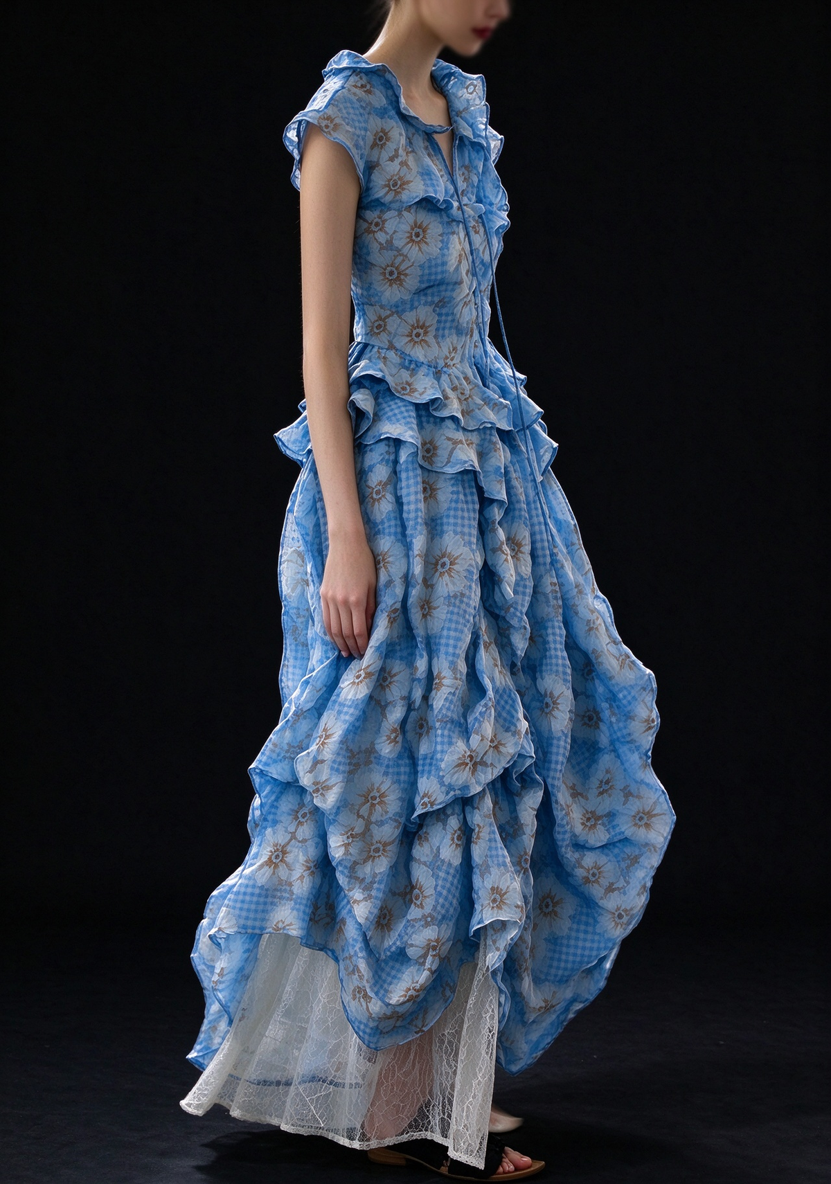 Blue Floral Ruffled Tiered Casual Maxi Dress fg9149