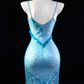 Light Blue Spaghetti Strap V Neck Sequin Short Bodycon Evening Dress fg9136