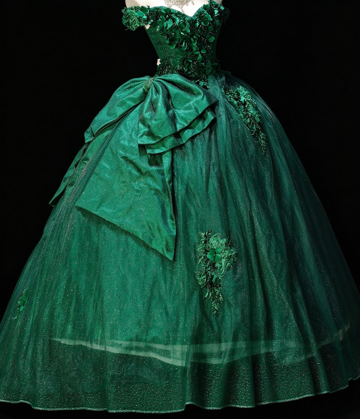 Strapless Green Tulle Ball Gown with Bow & Gold Embroidery, Formal Evening Dress fg8936