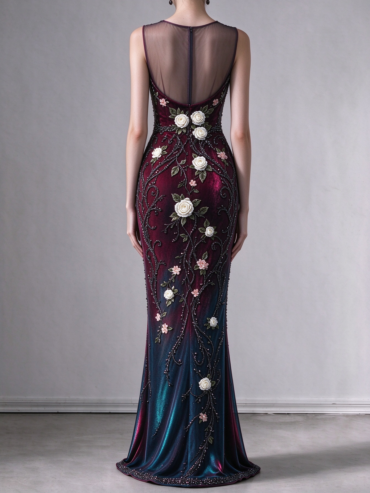 Gradient Burgundy to Teal Mermaid Evening Gown, Illusion Neck, Sleeveless, 3D Floral Applique & Beading fg8994