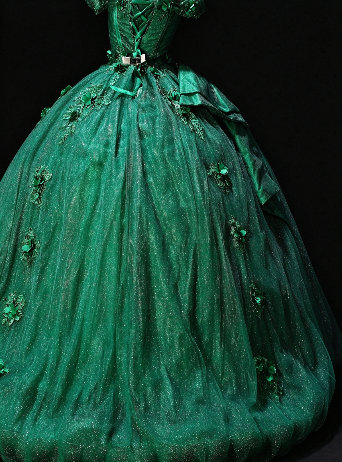 Strapless Green Tulle Ball Gown with Bow & Gold Embroidery, Formal Evening Dress fg8936