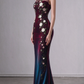 Gradient Burgundy to Teal Mermaid Evening Gown, Illusion Neck, Sleeveless, 3D Floral Applique & Beading fg8994