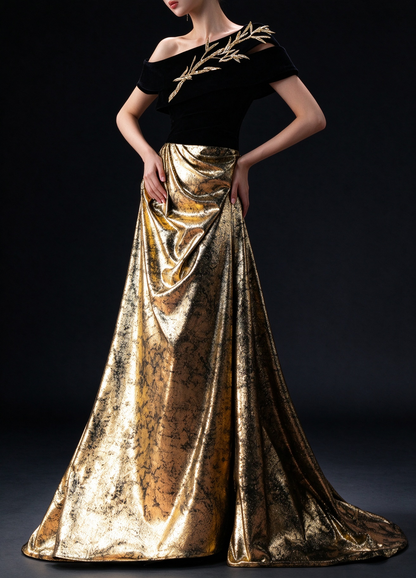 Black Velvet One Shoulder Evening Gown with Gold Bamboo Embroidery & Metallic Gold Skirt fg9018