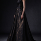 Black Gold Streaked Jacquard One Shoulder A-line Evening Dress with Gold Leaf Applique fg9020