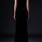 Black Velvet Cowl Neck Mermaid Evening Gown with Gold Branch Appliqué fg9021