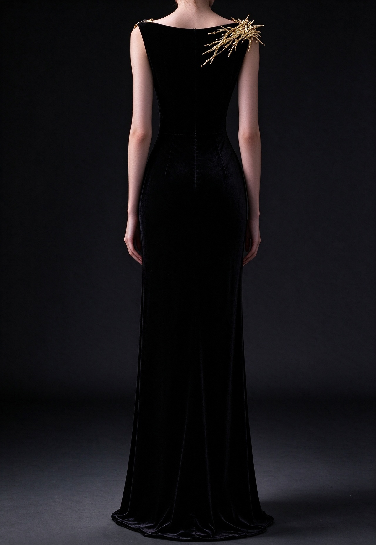 Black Velvet Cowl Neck Mermaid Evening Gown with Gold Branch Appliqué fg9021