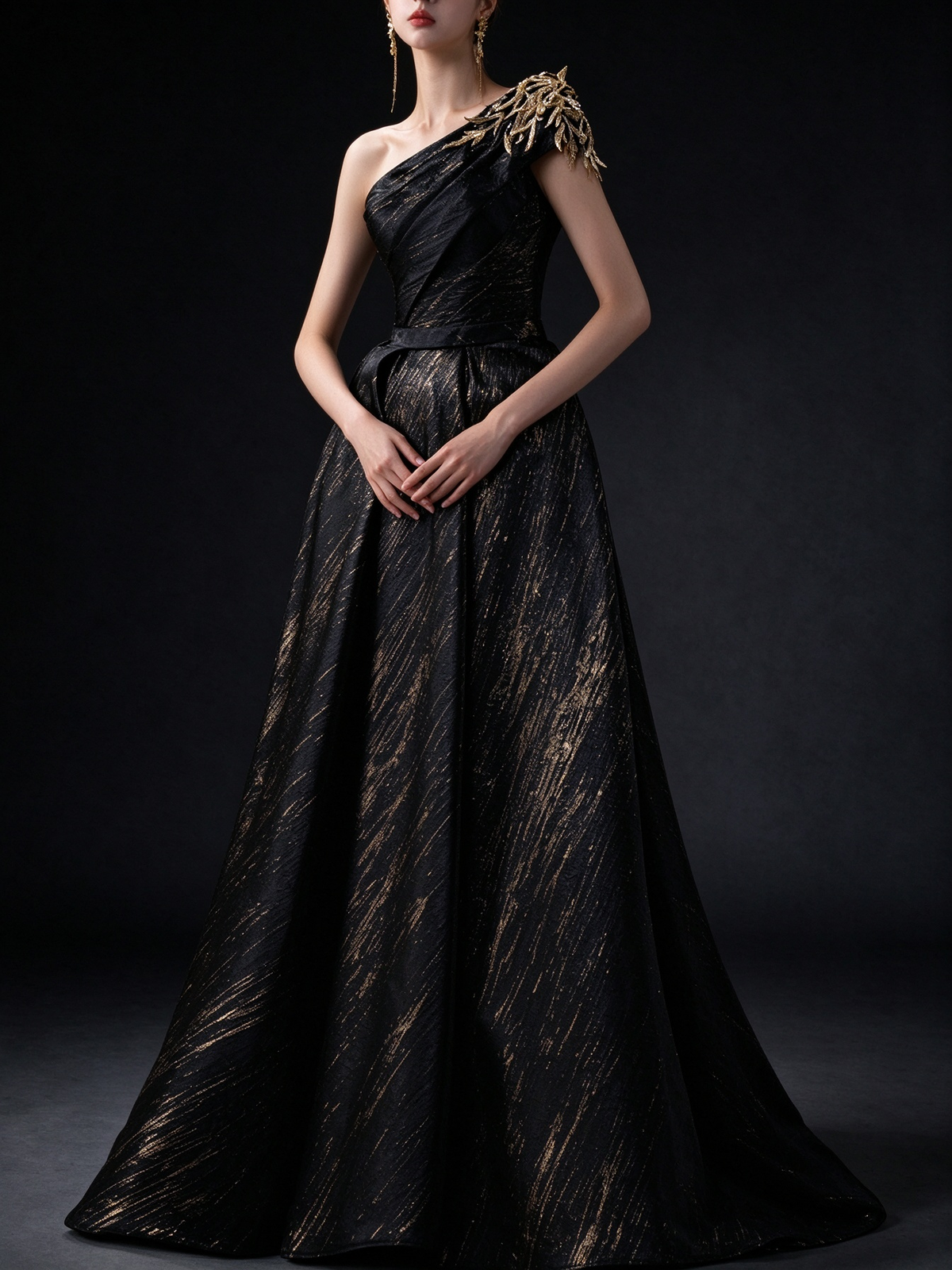 Black Gold Streaked Jacquard One Shoulder A-line Evening Dress with Gold Leaf Applique fg9020