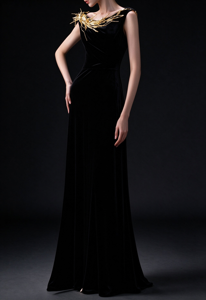 Black Velvet Cowl Neck Mermaid Evening Gown with Gold Branch Appliqué fg9021