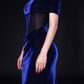 Navy Blue Velvet Off-the-Shoulder Mermaid Gown with Sheer Mesh Waist Panel fg9024