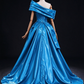 Bright Blue Off-the-Shoulder Draped Satin Ball Gown Evening Dress fg9028