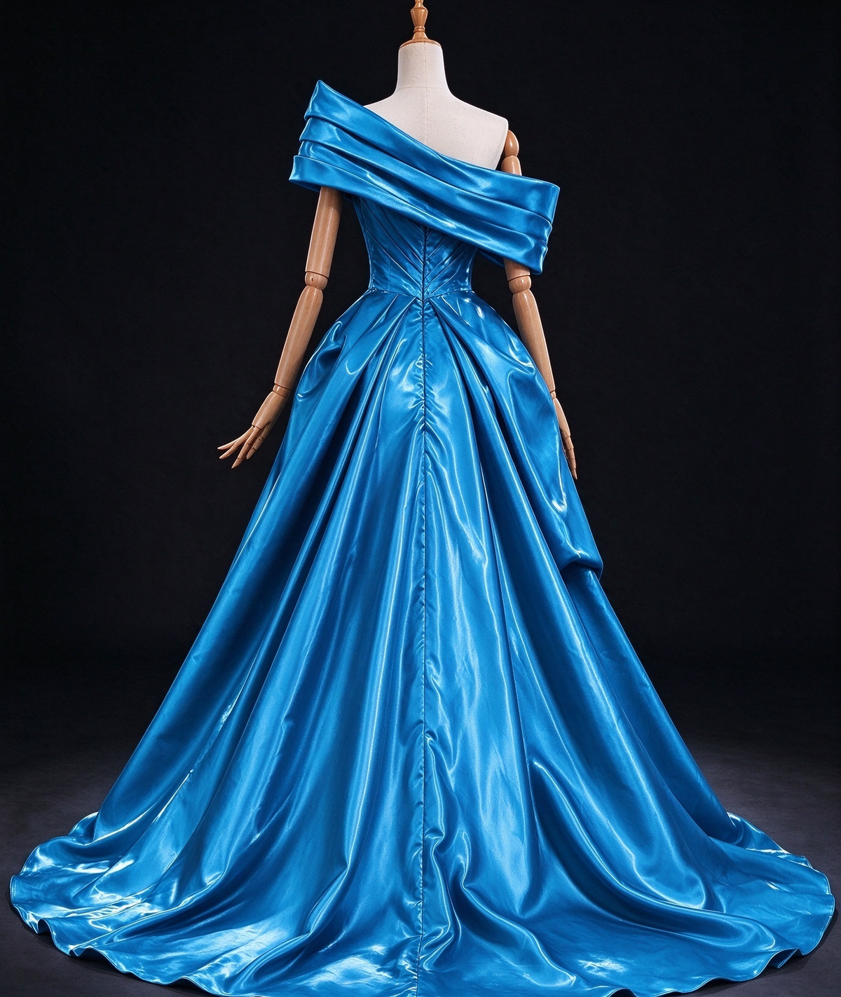 Bright Blue Off-the-Shoulder Draped Satin Ball Gown Evening Dress fg9028