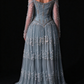 Dusty Blue Off The Shoulder Long Sleeve Beaded Tulle A-Line Evening Gown fg9011