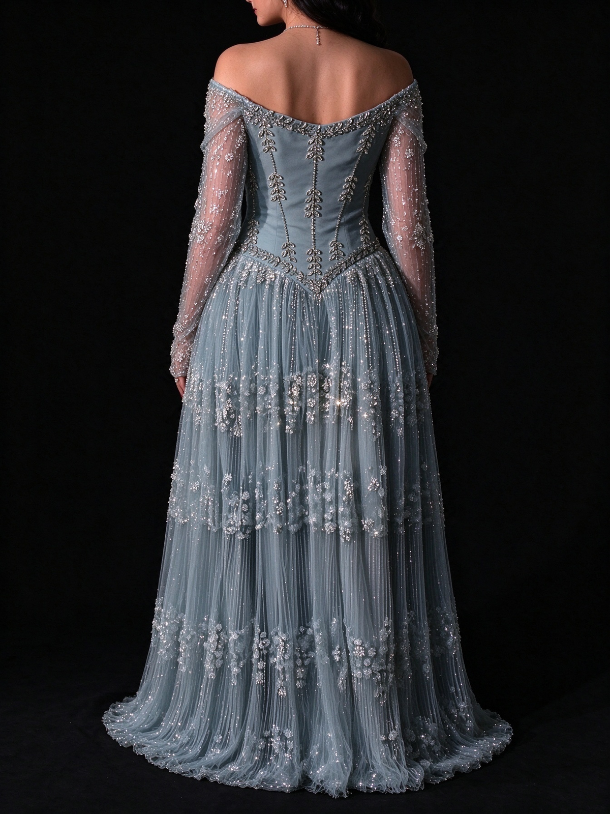 Dusty Blue Off The Shoulder Long Sleeve Beaded Tulle A-Line Evening Gown fg9011