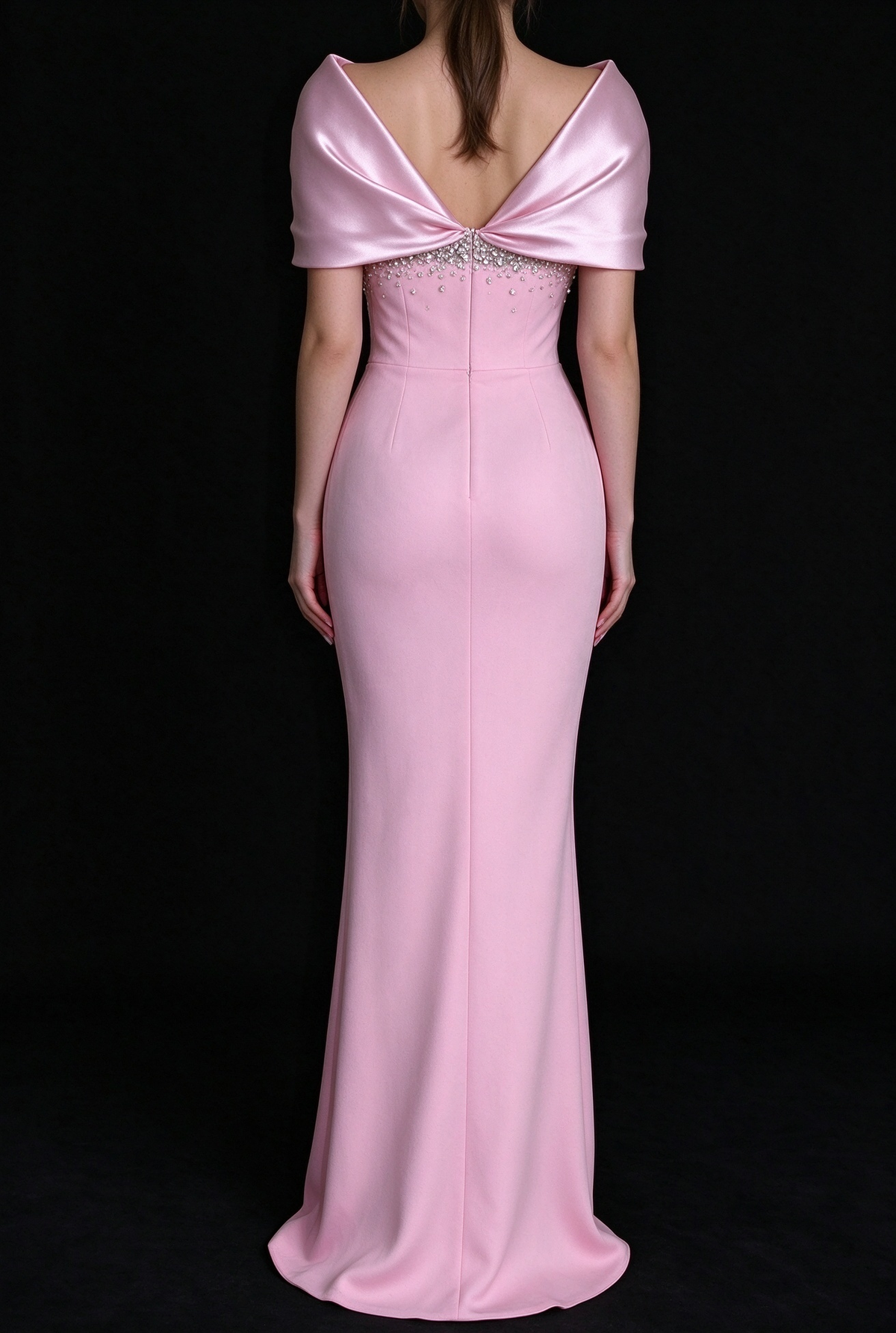 White & Pink Satin Cape V-Neck Rhinestone Mermaid Long Evening Dress fg9014