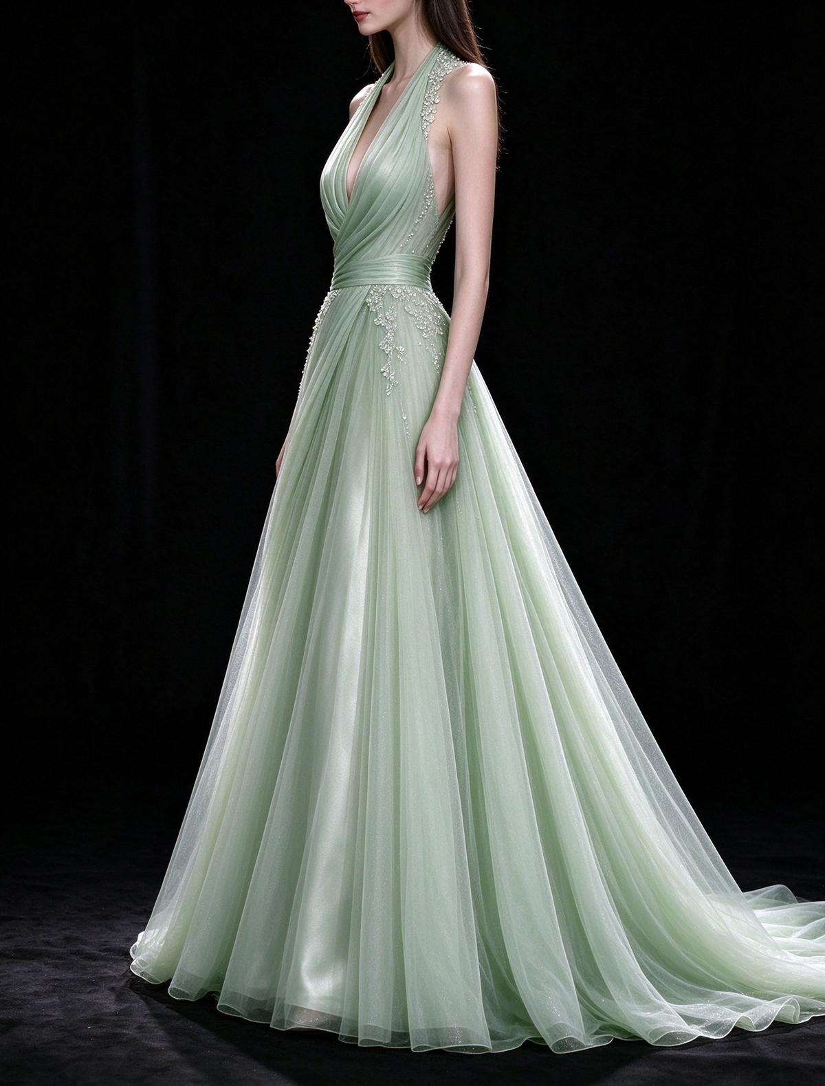 Sage Green Halter V-Neck Beaded Tulle Evening Gown fg9069