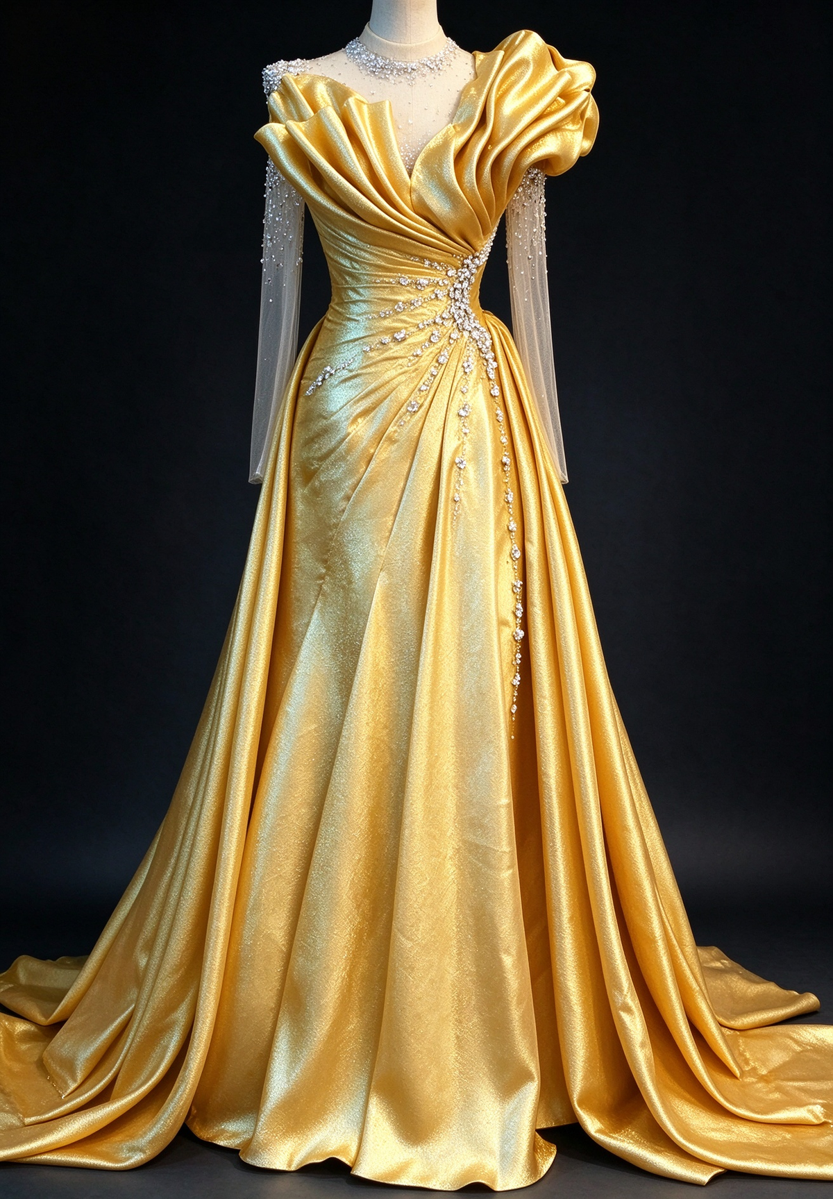 Golden Beaded Tulle Sleeves A-line Metallic Satin  Evening Gown with Draped Ruffle Neckline fg9025