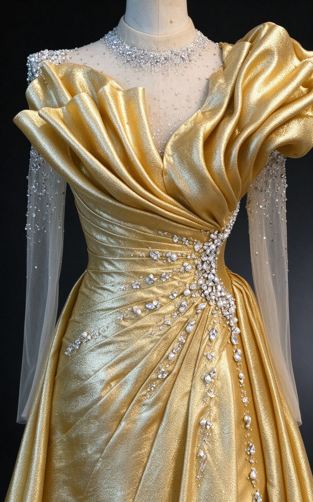 Golden Beaded Tulle Sleeves A-line Metallic Satin  Evening Gown with Draped Ruffle Neckline fg9025
