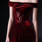 Burgundy Velvet Off-the-Shoulder Mermaid Evening Gown with Beaded Iris Embroidery & Draped Waist fg9026