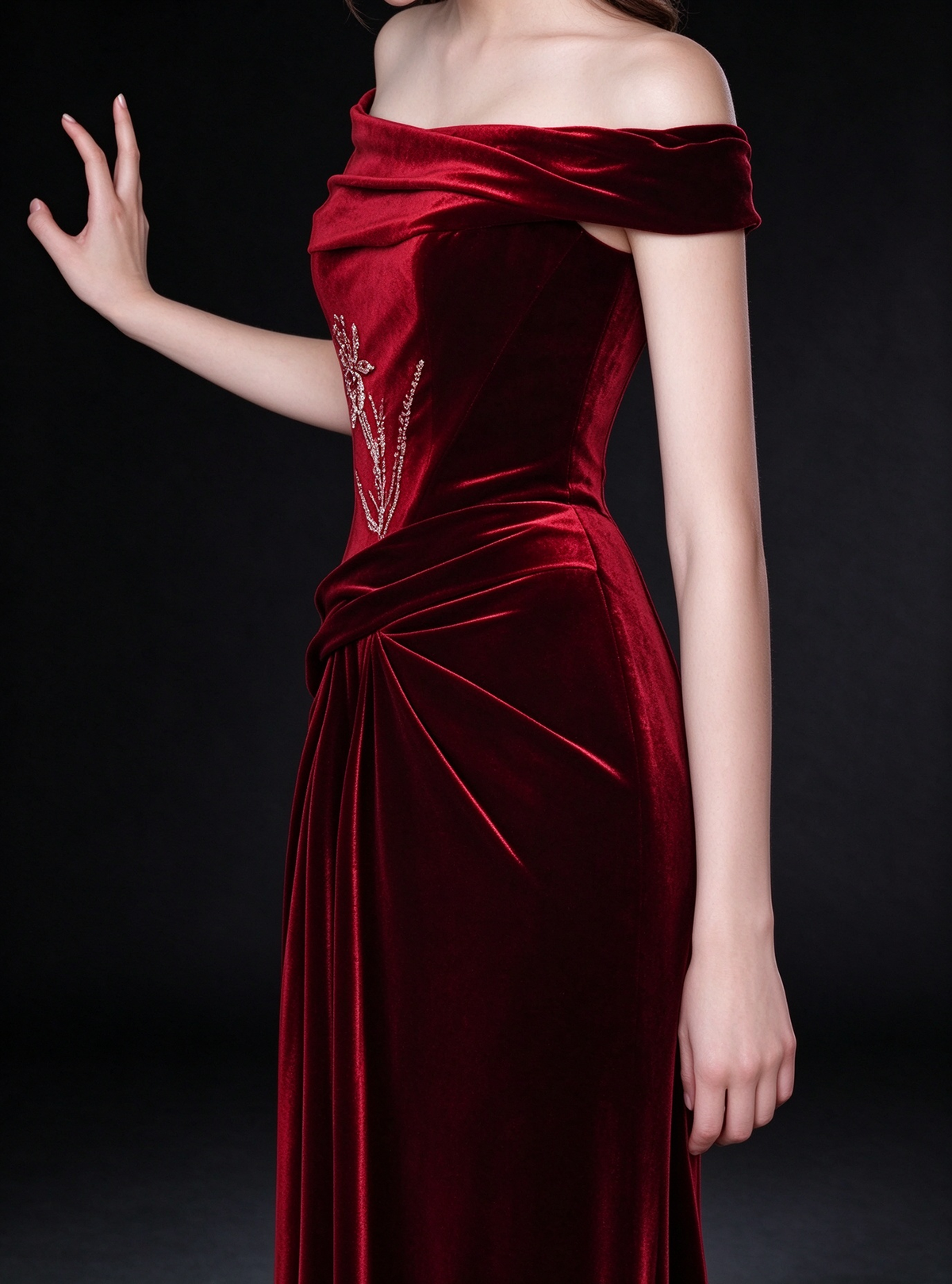 Burgundy Velvet Off-the-Shoulder Mermaid Evening Gown with Beaded Iris Embroidery & Draped Waist fg9026