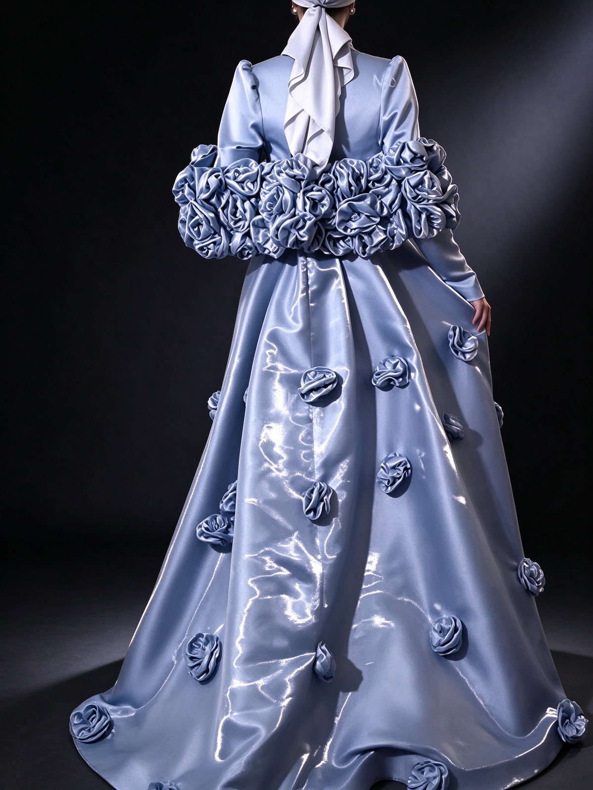 Light Blue Satin High Neck Long Sleeve 3D Floral Overskirt Evening Gown fg9017