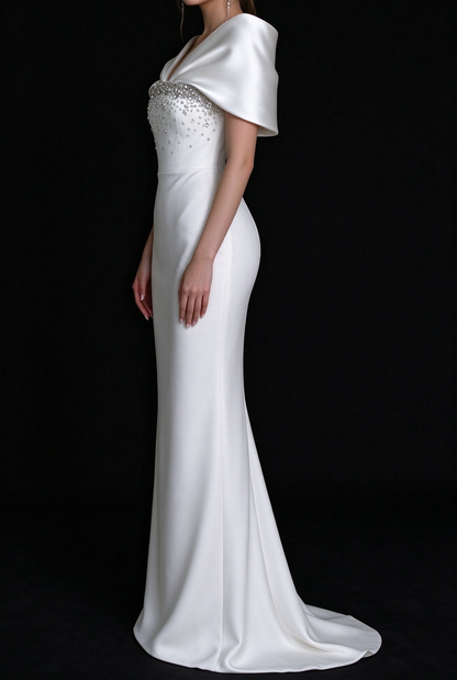 White & Pink Satin Cape V-Neck Rhinestone Mermaid Long Evening Dress fg9014
