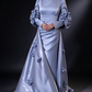 Light Blue High Neck Long Sleeve 3D Floral Satin Evening Gown fg8976