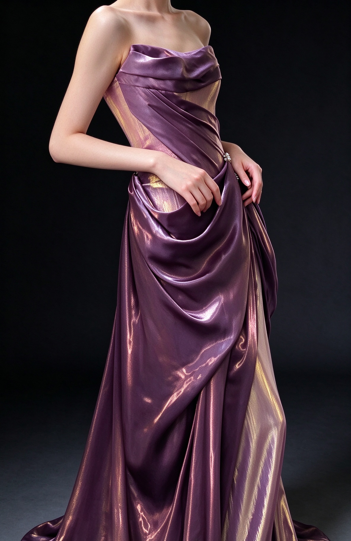 Metallic Purple Strapless Draped Mermaid Evening Gown with Rhinestone Accent fg9027
