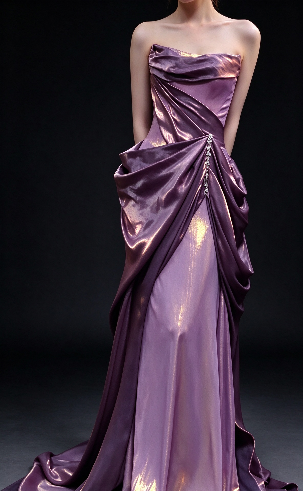Metallic Purple Strapless Draped Mermaid Evening Gown with Rhinestone Accent fg9027