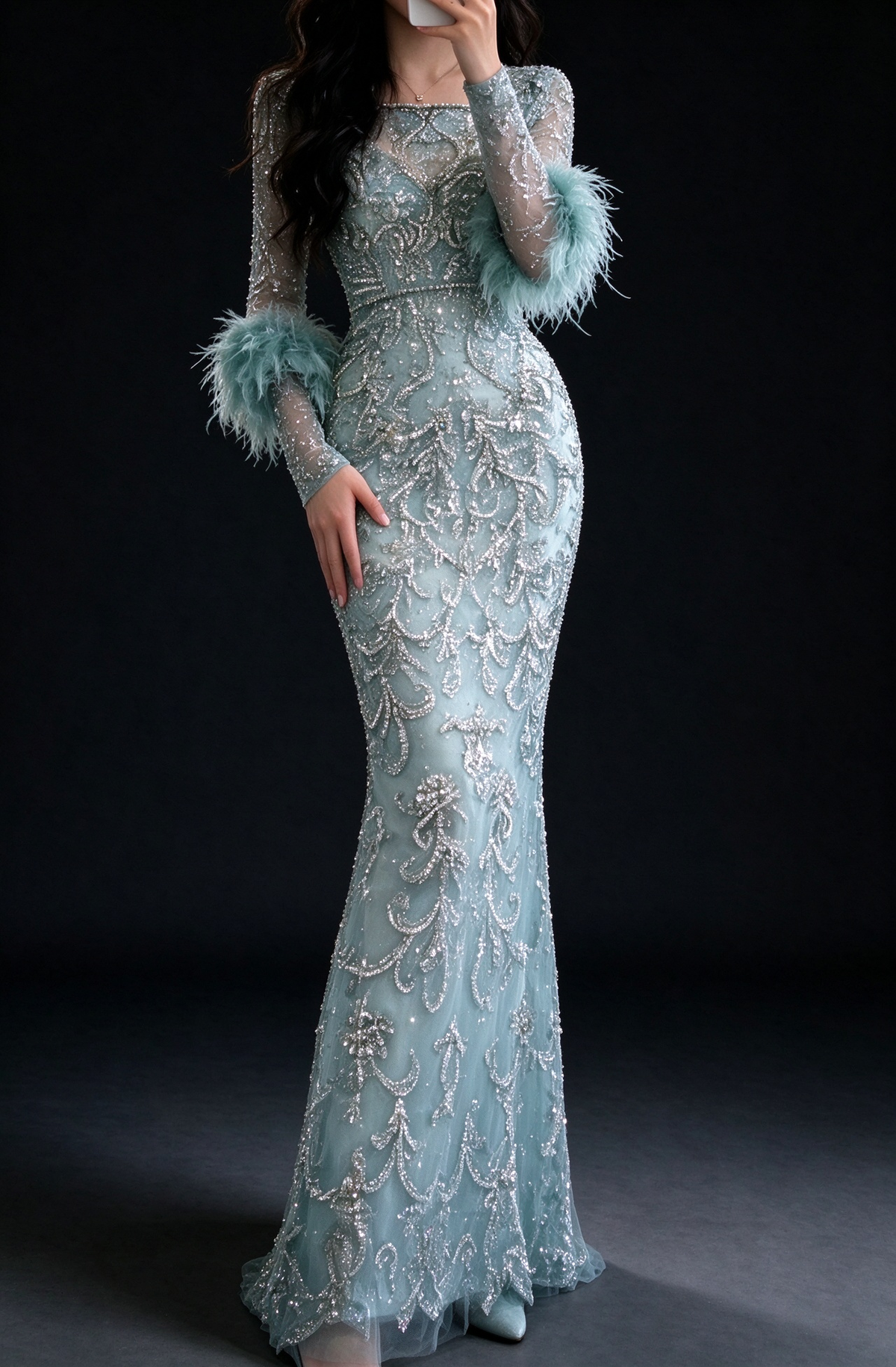 Dusty Blue Sheer Long Sleeve Mermaid Evening Gown fg9031