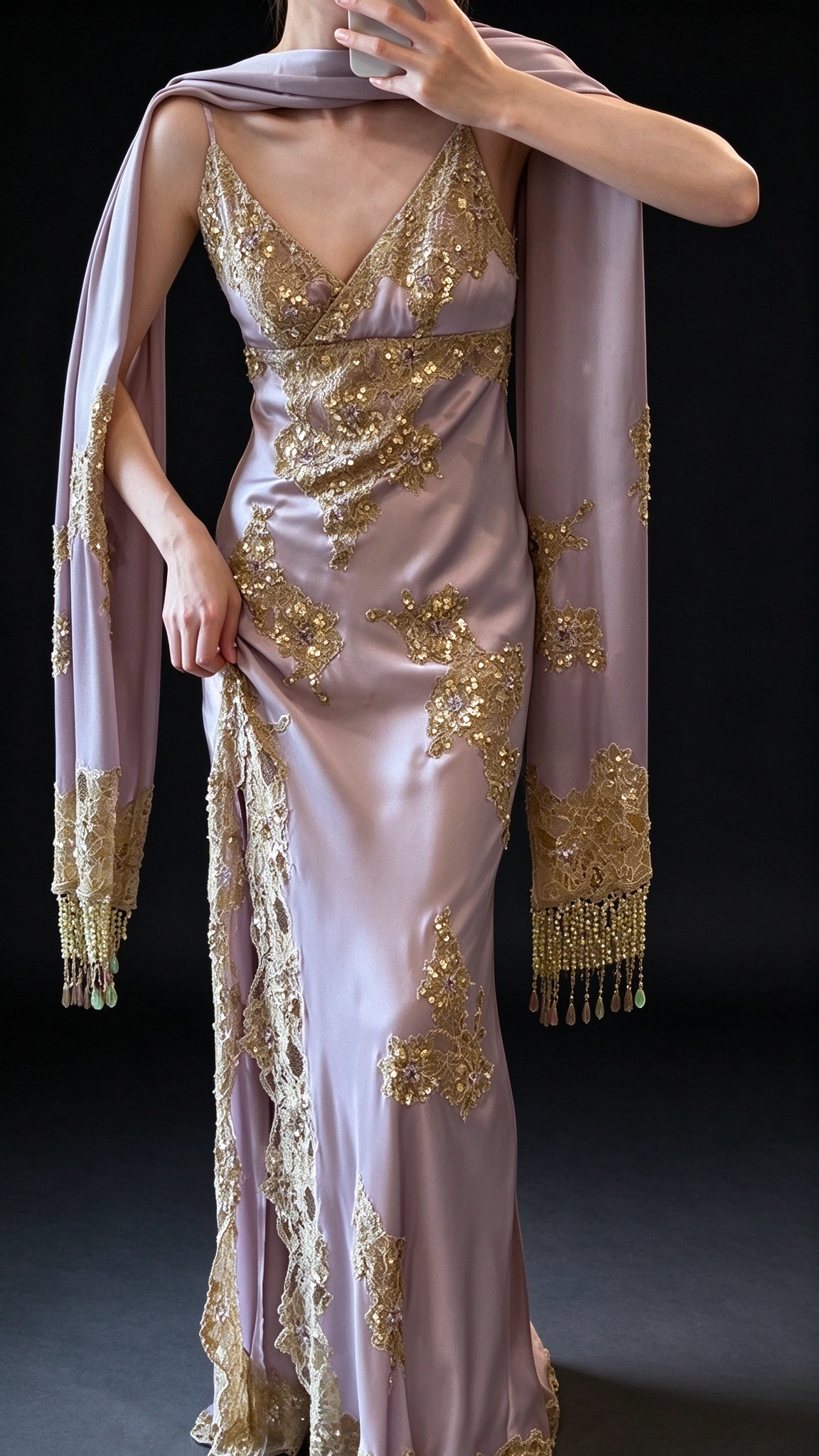 Dusty Lavender V-Neck Slip Evening Dress with Gold Lace Appliqués & Beaded Tassel Shawl fg9036