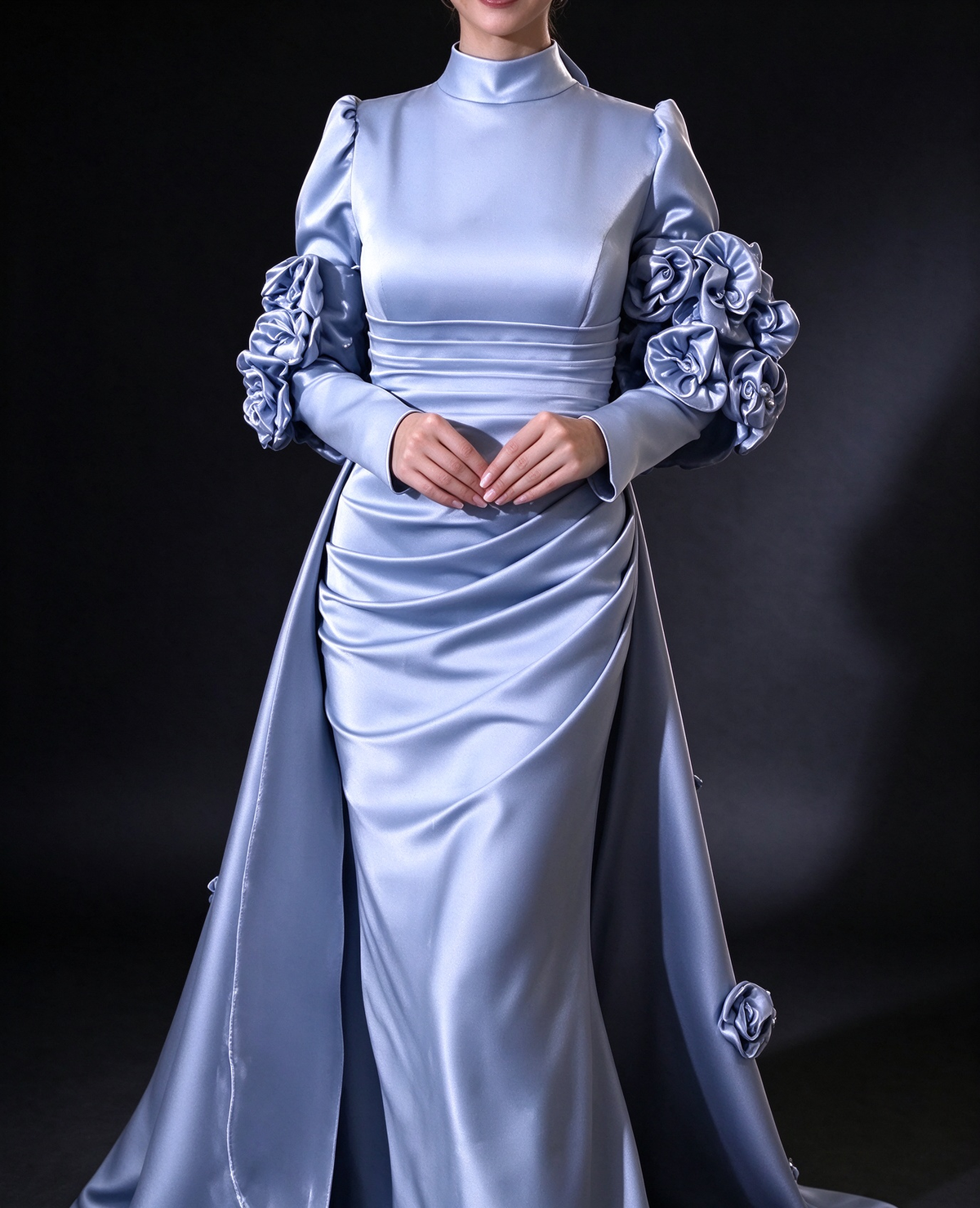 Light Blue Satin High Neck Long Sleeve 3D Floral Overskirt Evening Gown fg9017