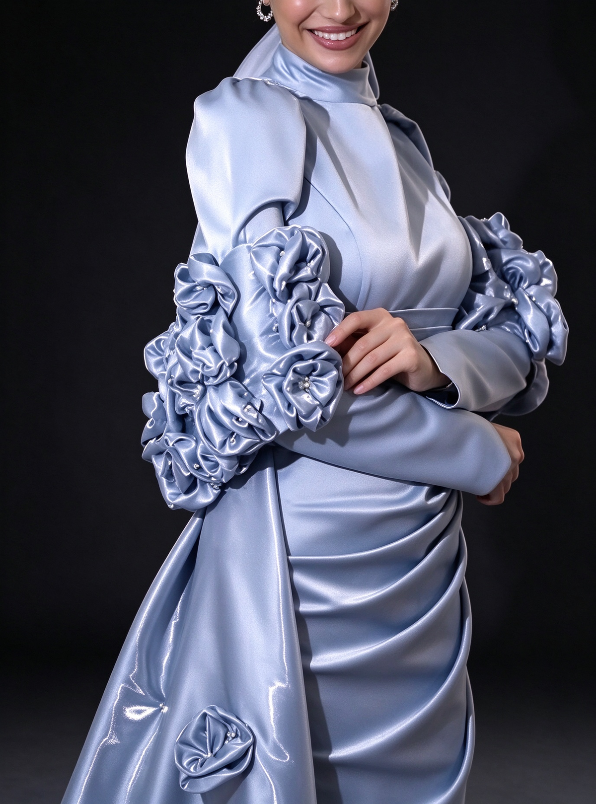 Light Blue Satin High Neck Long Sleeve 3D Floral Overskirt Evening Gown fg9017