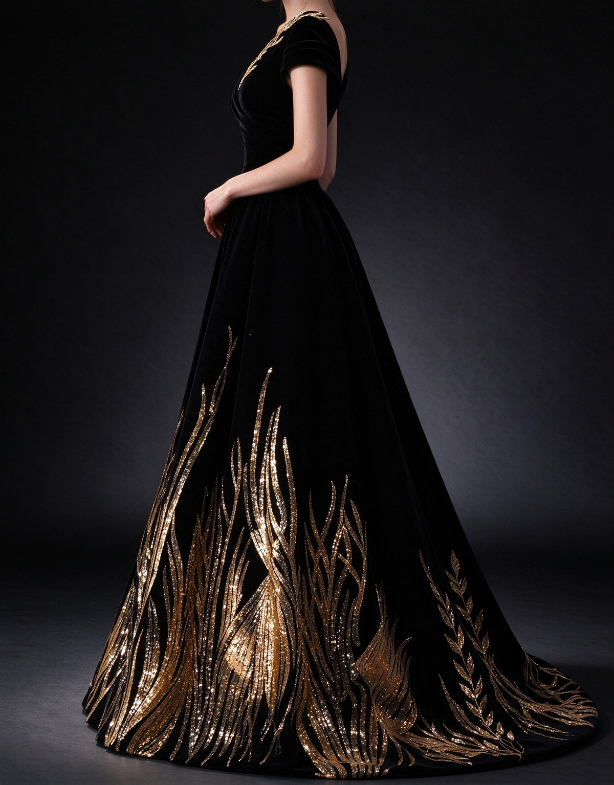 Black Velvet One-Shoulder A-Line Gown with Gold Sequin Reed Embroidery fg9019